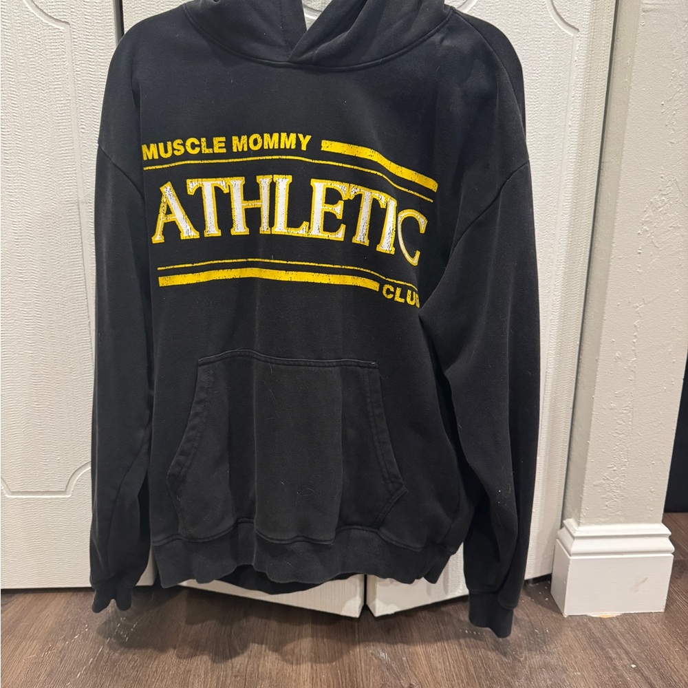 Muscle Mommy Black Hoodie with Yellow Athletic Print